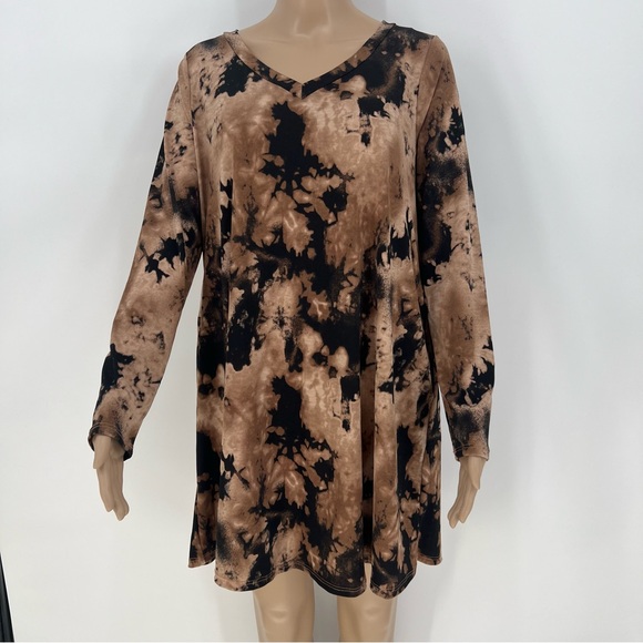 Sew In Love T-Shirt Dress Womens Black and Brown Bleach Dyed Long Sleeve V-Neck - Picture 1 of 9